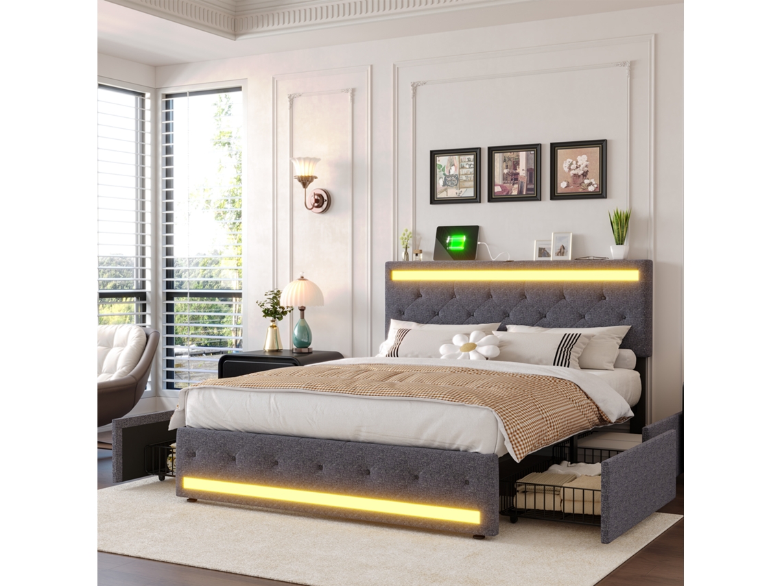 Cama De Casal 160x200 Cm Com Led E 4 Gavetas, Cama Estofada Em Linho Cinzento, Estrado Metálico, Arrumação Inferior, Sem Colchão