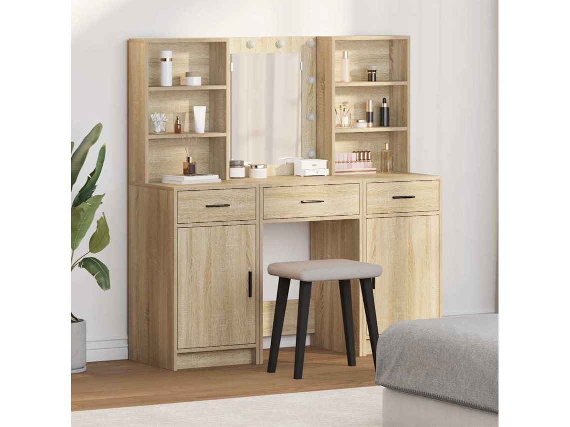 Vidaxl Conjunto De Mesa De Maquiagem Com Led 3 Unid. Carvalho Sonoma
