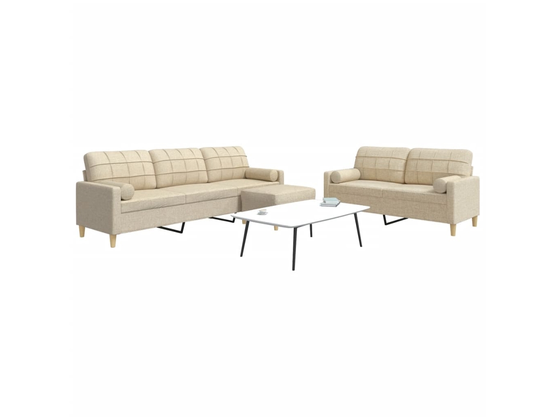 Vidaxl 3 Pcs Conjunto De Sofás C/ Almofadas/apoio Pés Tecido Creme