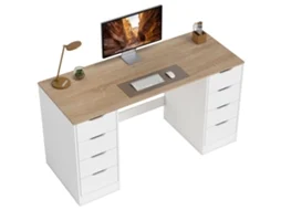 Mesa De Computador De 140 Cm, 8 Gavetas, Escritório Em Casa, Quarto, Aço, Madeira, Branco