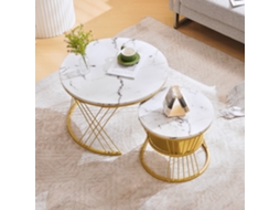 Mesa De Centro Moderna Encaixe, Alto Brilho, Mármore, Mesas Redondas Laterais, Conjunto 2, Moldura Dourada-hw