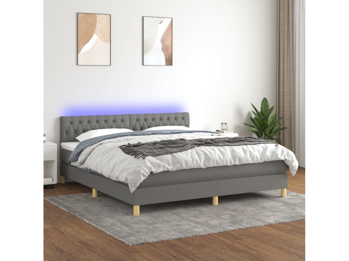 Vidaxl Cama Box Spring C/ Colchão E Led 180x200 Cm Tecido Cinza-escuro