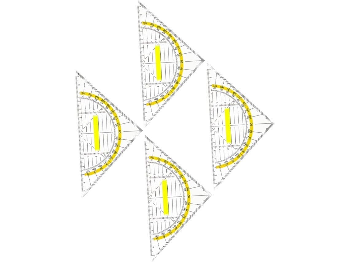 Mesa triangular essencial com ferramenta de transferência e medição para uso escolar e fora de mesas.