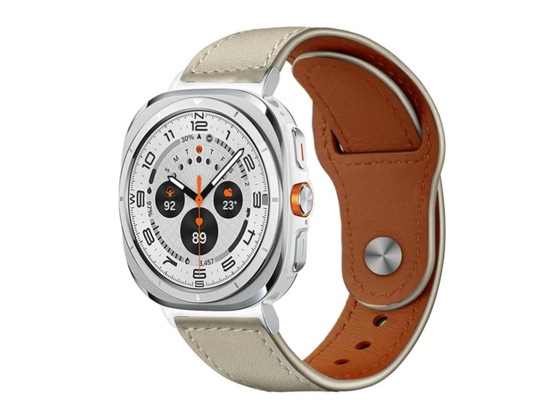 Bracelete GENUÍNO de Couro com Fivela Rebitada Bege para Samsung Galaxy Watch Ultra XIAOMOYU (47mm)