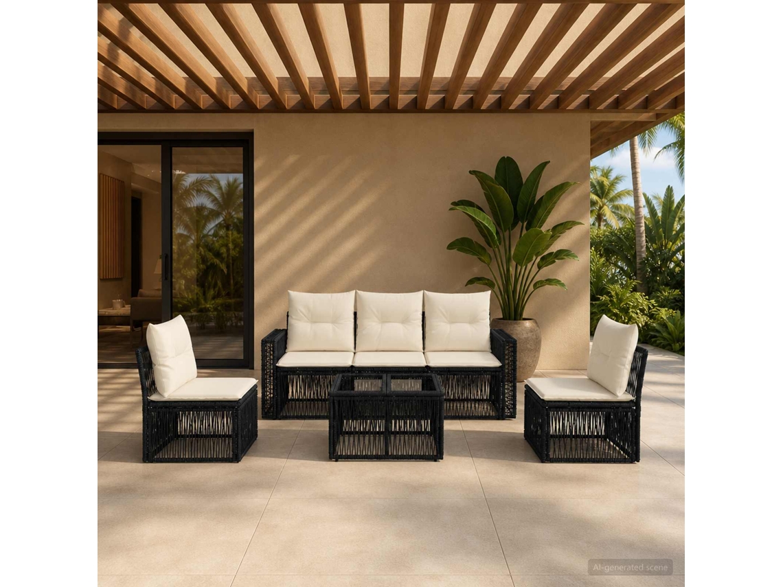 Vidaxl Conjunto De Sofá De Jardim 6 Unid. Preto E Branco Creme Vime Pe