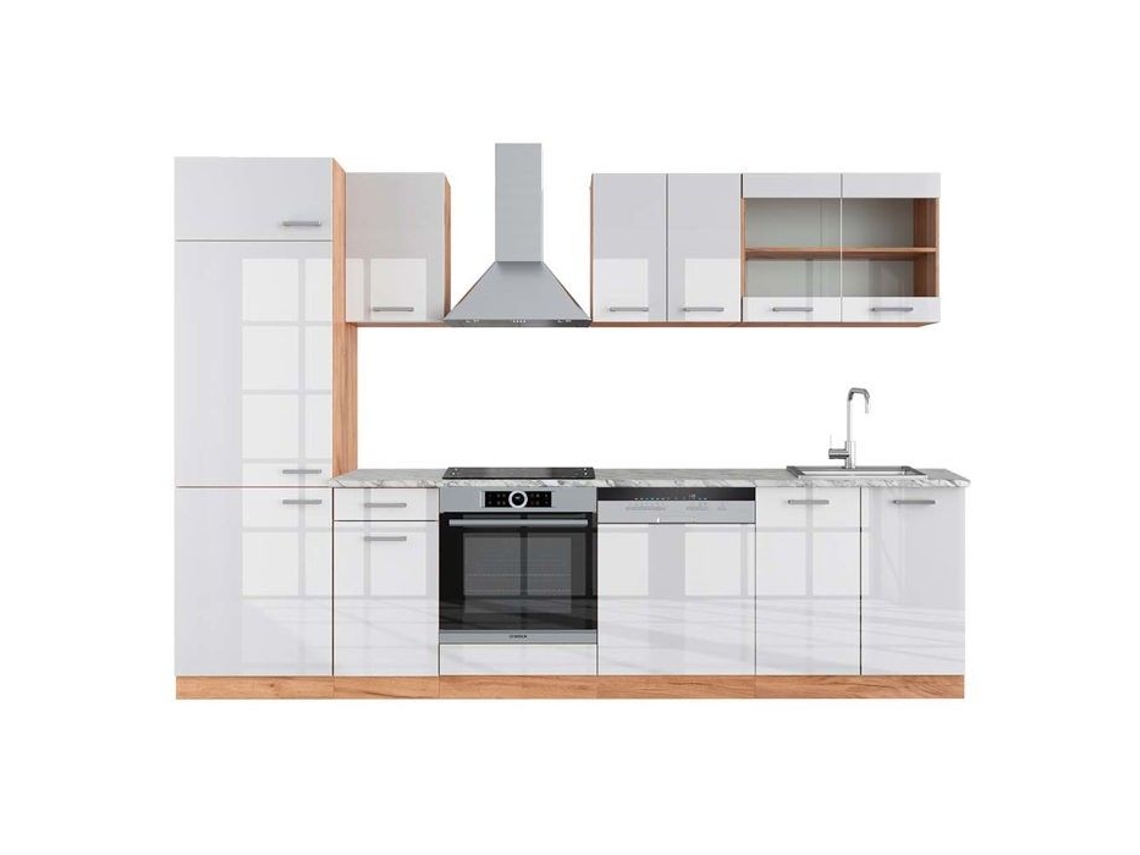 Cozinha R-Line, 300 cm, Mármore PT, Branco brilhante/Carvalho dourado, Vicco