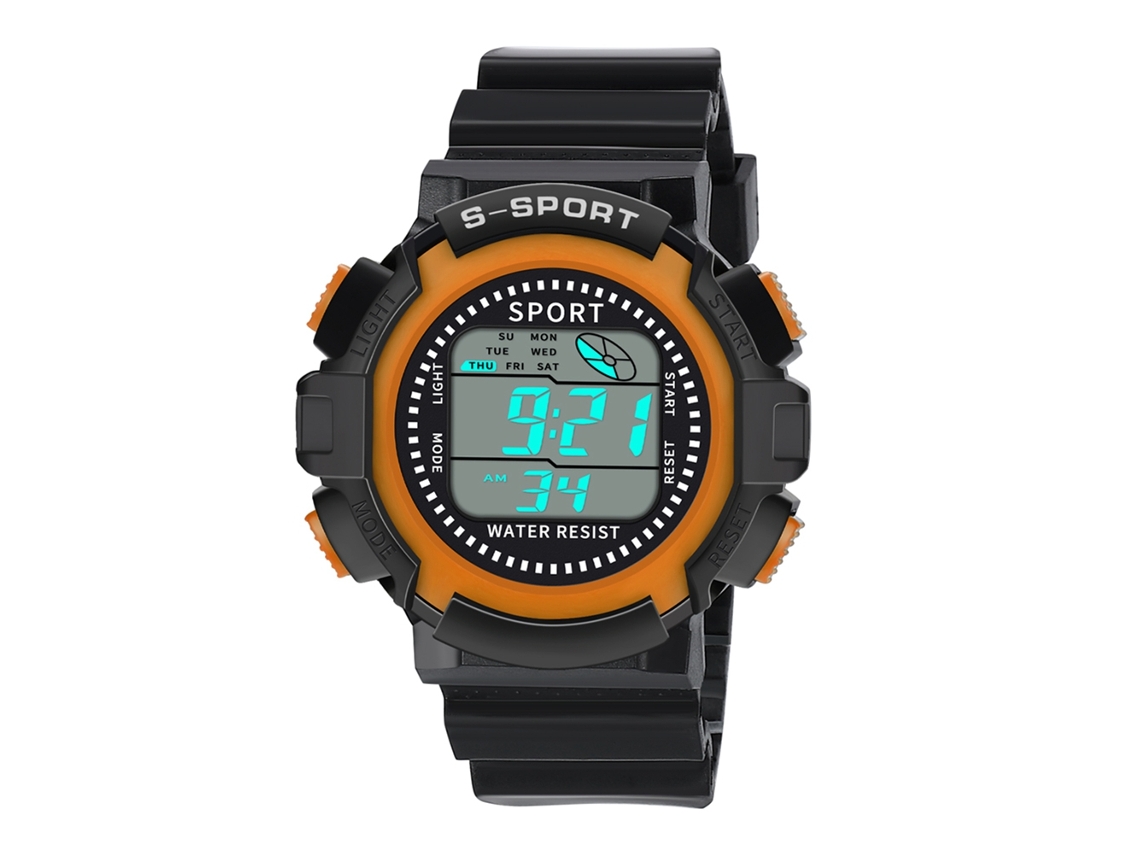 Relógio eletrônico esportivo casual com pulseira de PVC e mecanismo digital laranja.