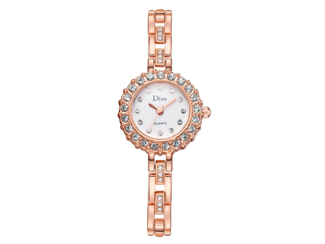 Relógio de Pulso Feminino de Quartzo com Pulseira de Liga Rosa Dourado+branco Elegante