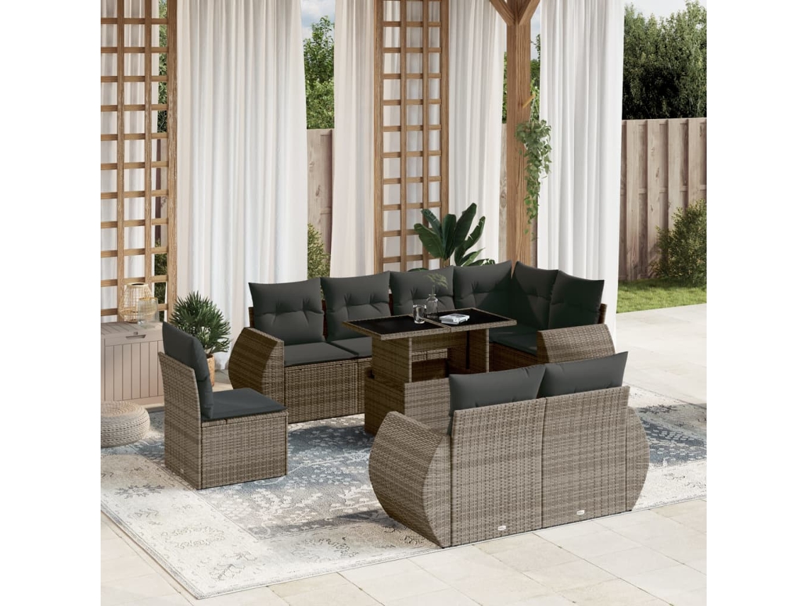 Vidaxl 9 Pcs Conjunto Sofás P/ Jardim Com Almofadões Vime Pe Cinzento