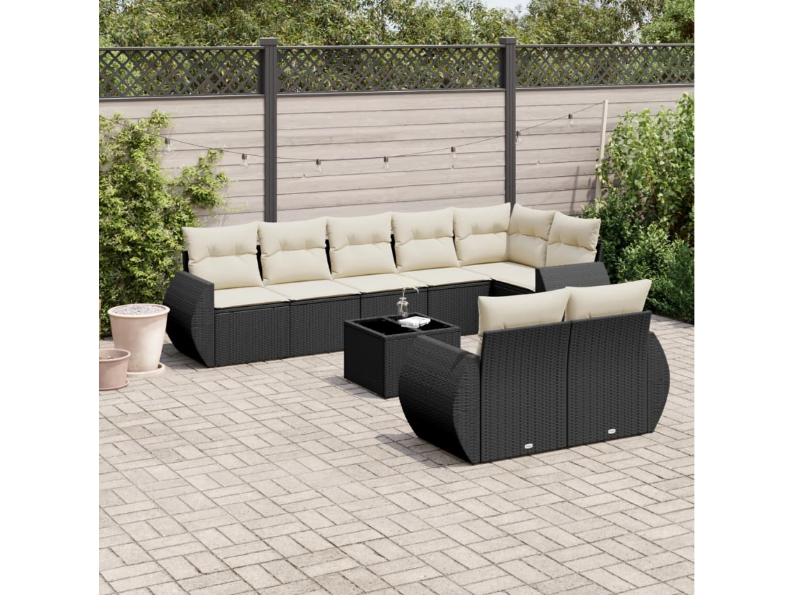 Vidaxl 9 Pcs Conjunto De Sofás P/ Jardim C/ Almofadões Vime Pe Preto