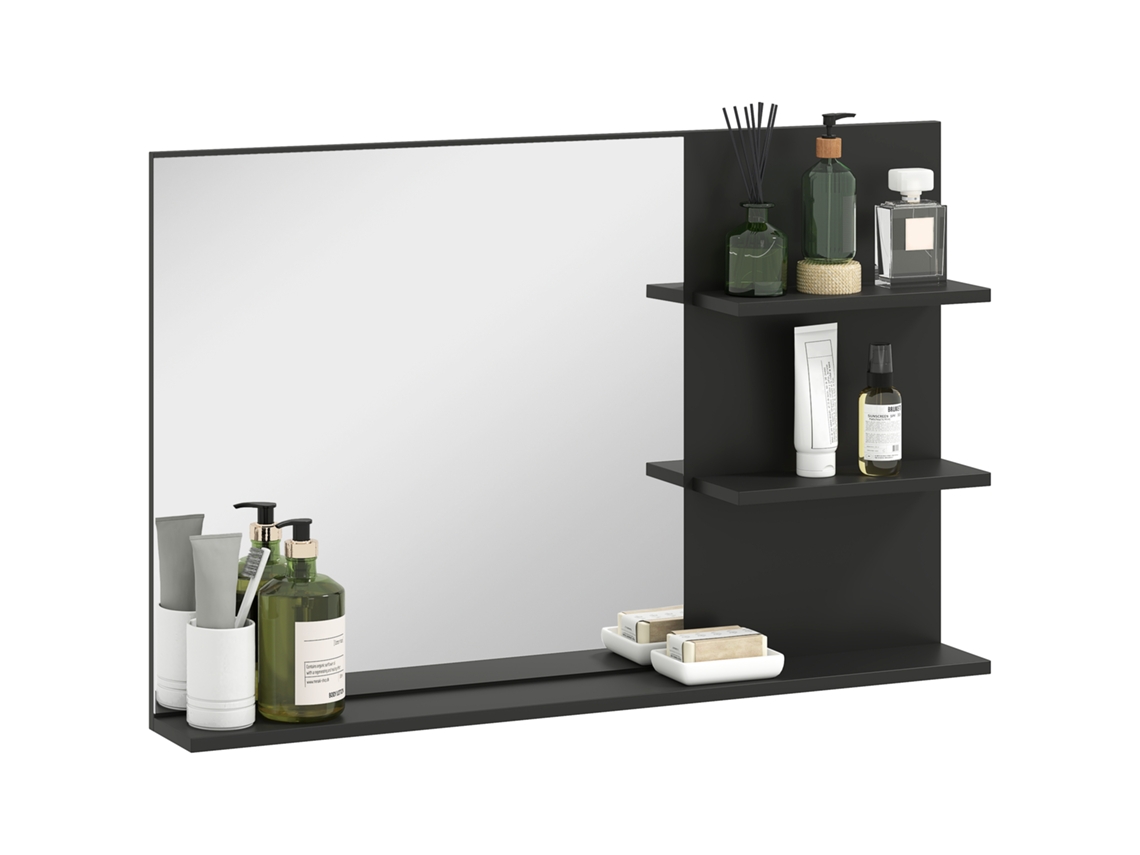 Espelho de banheiro moderno com 2 prateleiras laterais e inferior, madeira e vidro, 75x10x48cm, preto, E-TOWN COMMERCE GMBH