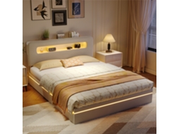 Cama Hidráulica 160x200 Cm, Iluminação Led, Espaço De Armazenamento E Prateleira De Cabeceira, Confortável Para Dormir, Quarto, Veludo Bege