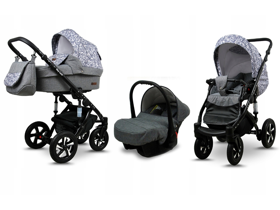 Carrinho de Bebé Multifuncional BABYLUX SKY LARK 3 Em 1 -Grey Animals BLACK FRAME - Ajustável e dobrável Construção leve em alumínio - Acessórios
