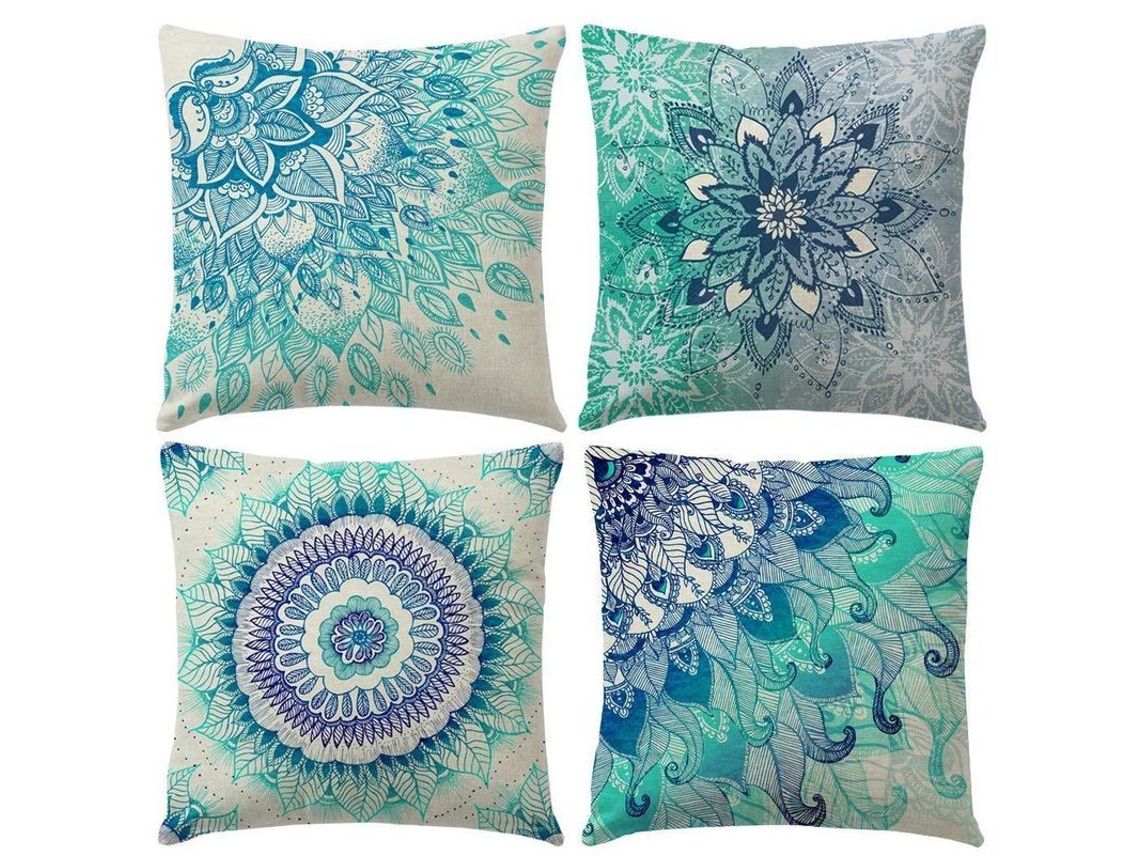 Conjunto de 4 Capas de Travesseiro Mandala Boêmio Decorativo Quadrado 18x18 Polegadas 45x45 Cm