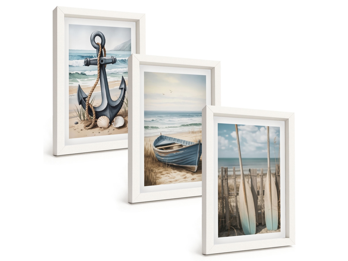 Pinturas Murais Modernas Âncora, Barco, Remos, Praia Moldura Branca Fotos Para O Escritório Espelharte (3 Peças 20x30 Cm)
