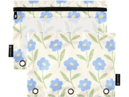 Envelopes Fofos Com Estampa Floral Azul E Estojo Transparente Lápis, Grande Capacidade, 3 Argolas Guardar