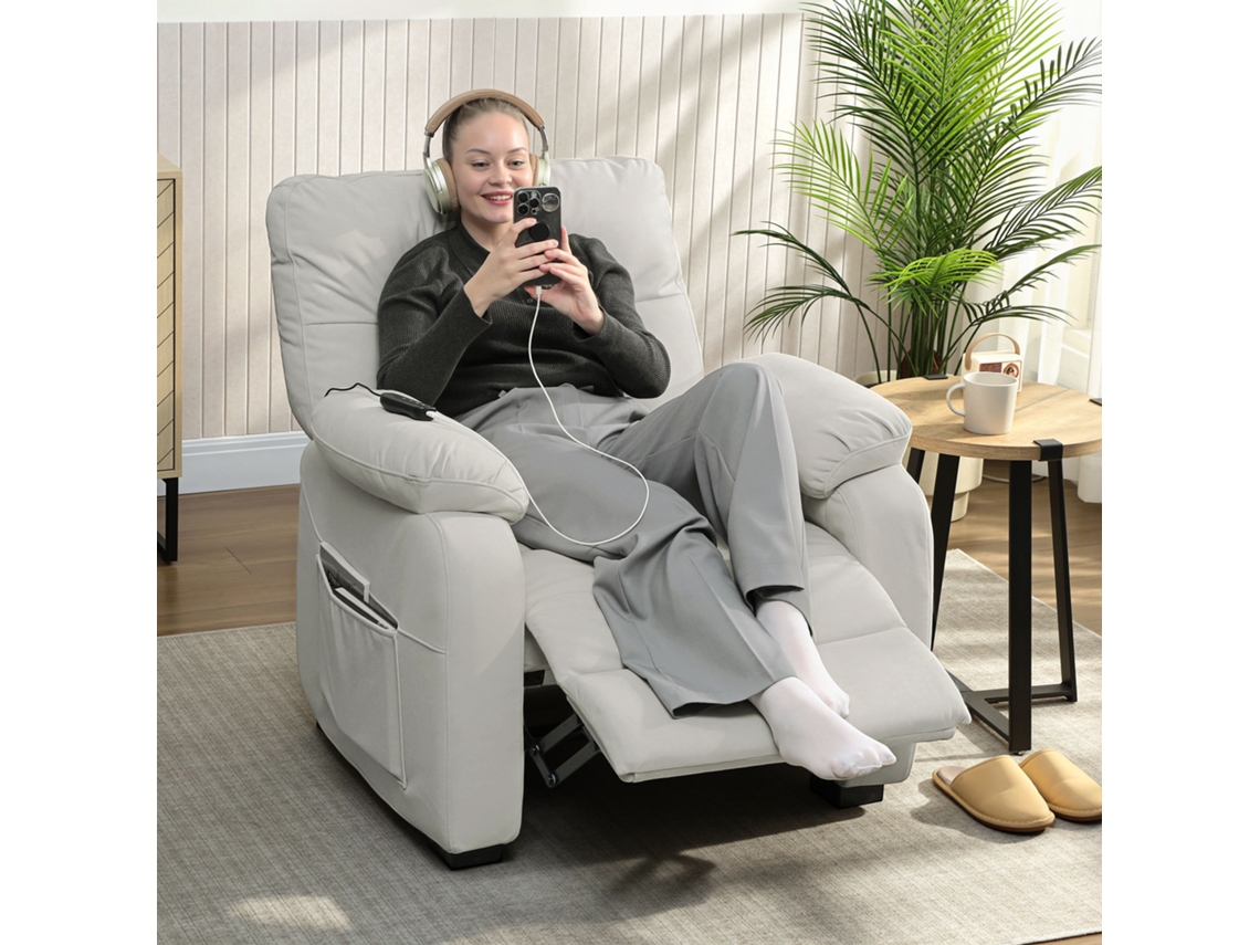Poltrona Relax Elétrica Reclinável Porta Usb Apoio de Pés Bolsos Laterais Controle Remoto 96x90x103cm Creme
