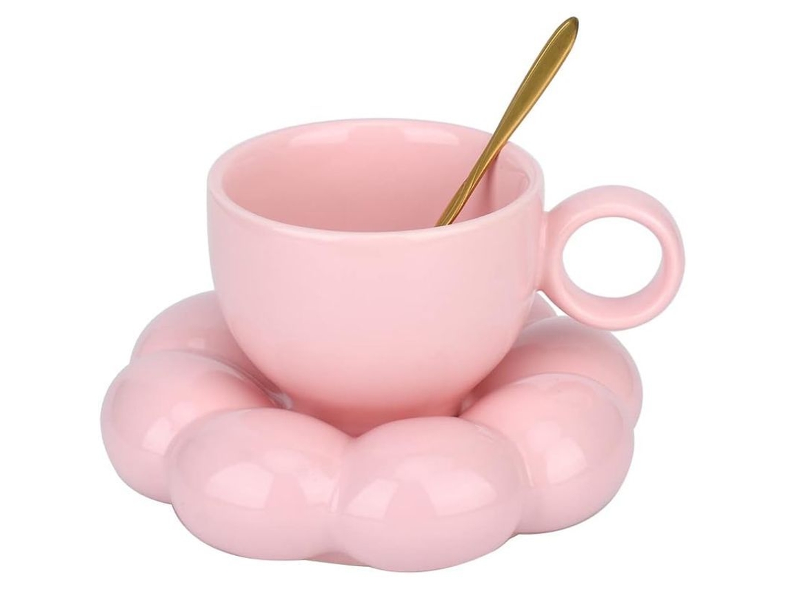 Xícara de café Rebe de cerâmica com pires, estampa de girassol, 192 ml, presente ideal para mulheres (rosa)