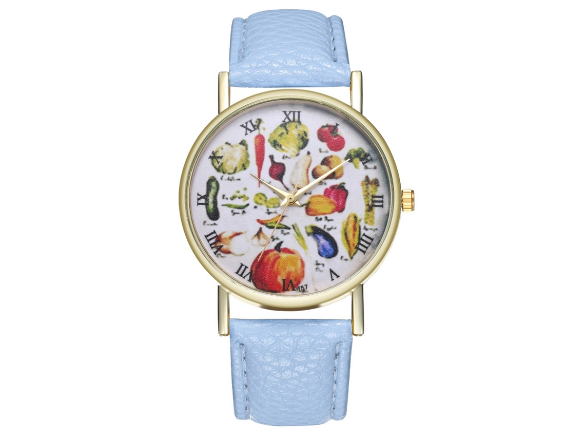 Reloj De Cuarzo Unisex Con Correa De Cuero Pu Moda Dial De Frutas Azul Claro