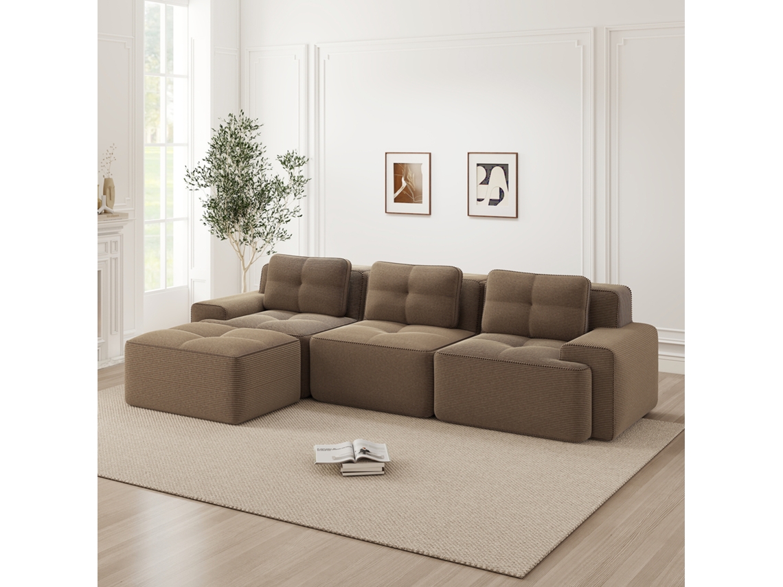 Sofá Modular L 3 Lugares - Veludo Cotelê, Chaise Longue, Montagem Sem Ferramentas - Castanho