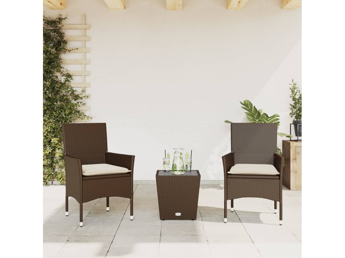 Vidaxl 3 Pcs Conjunto De Bistrô Com Almofadões Vime Pe/vidro Castanho