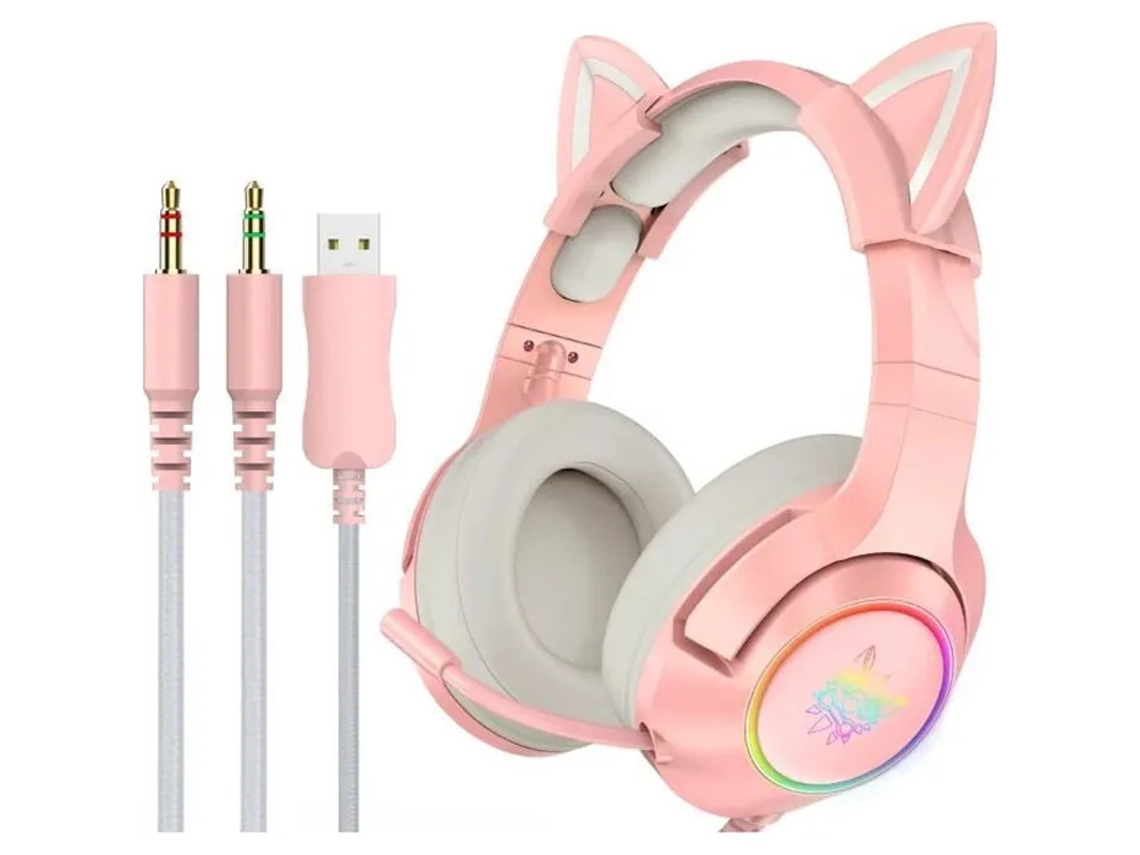 Fone De Ouvido Para Computador Com Suporte Para Cabeça Rgb Luminoso Para Jogos K9 Cat Headset Rosa 3,5 Mm Cabo De Conversão Ushion