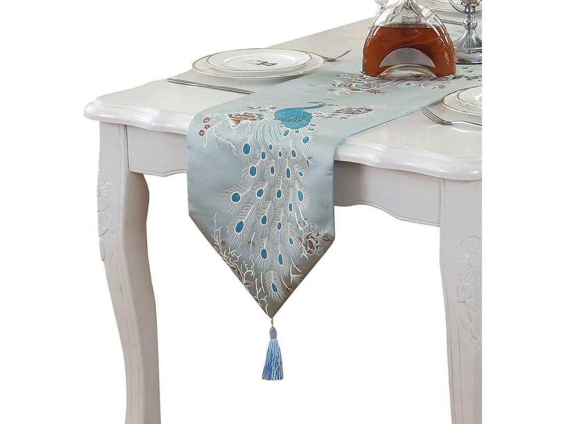 Runner de Mesa Pavo Real Bordado com Tassel 13x83 Polegadas Anti deslizante Retangular (azul)