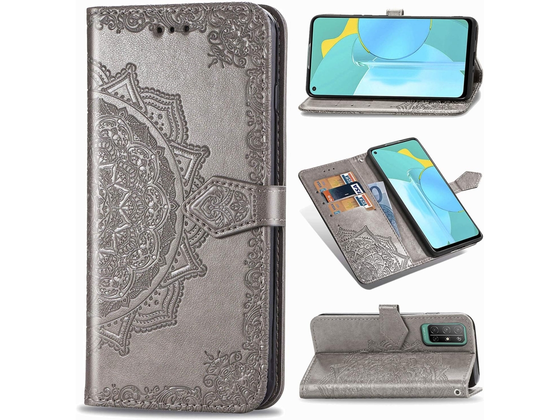 Capa Fólio Mandala Relevo Protetora para Honor, Huawei Honor 30S HONGWE. Pele Premium Cinzento