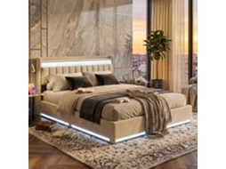 Cama Casal Veludo Bege com Led Rgb, Cabeceira Arrumação, Carregador Usb/type c e Hidráulica, 140x200 Cm LAZYSPACE