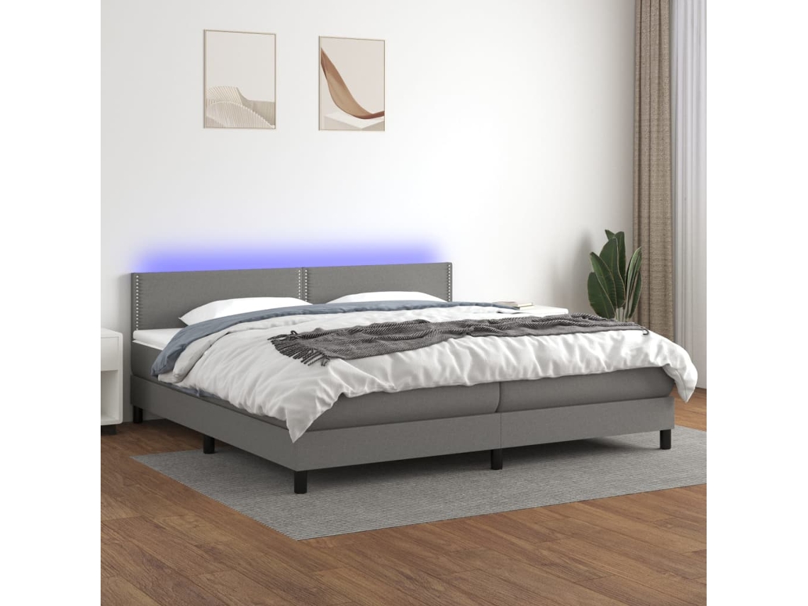 Vidaxl Cama Box Spring C/ Colchão E Led 200x200 Cm Tecido Cinza-escuro