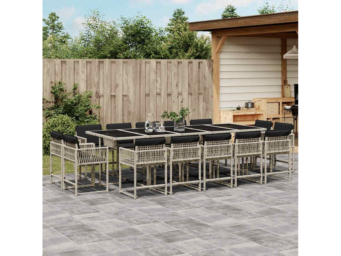 Vidaxl 15 Pcs Conj. Jantar Jardim C/ Almofadões Vime Pe Cinzento-claro