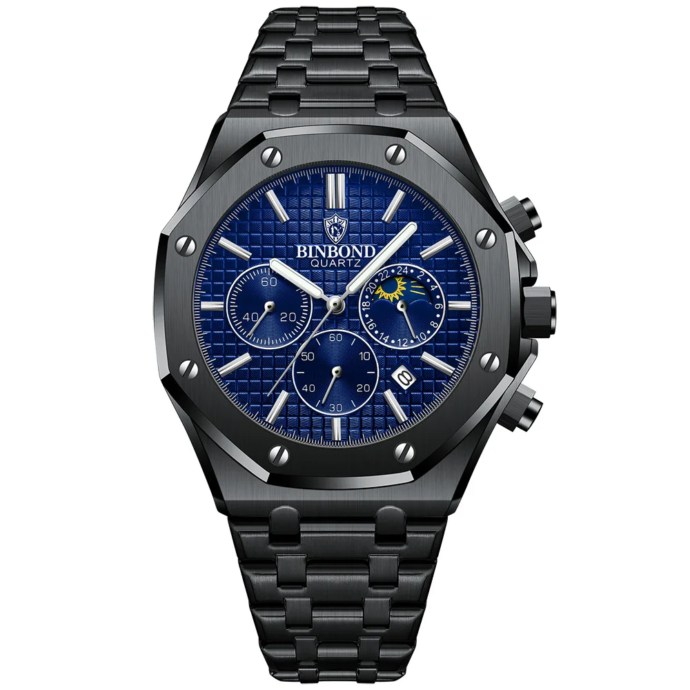 Relógio de Quartzo MDUG Masculino, Cronógrafo Luminoso, Aço Inoxidável, Resistente À Água, com Data e Calendário (preto, Mostrador Azul)