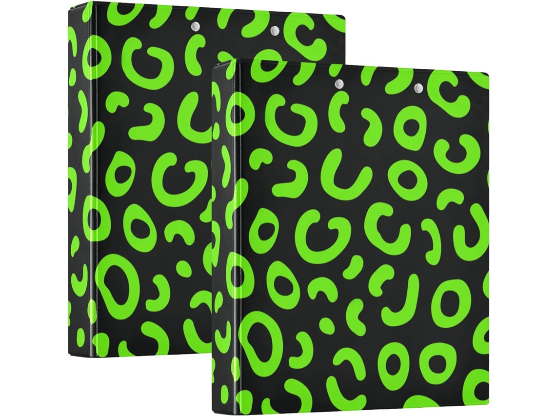 Pasta de mesa com estampa de leopardo 1, 5 Polegadas, verde neon e preta, 3 anéis com camada de bolsa, embalagem com 1 ou 2 pastas