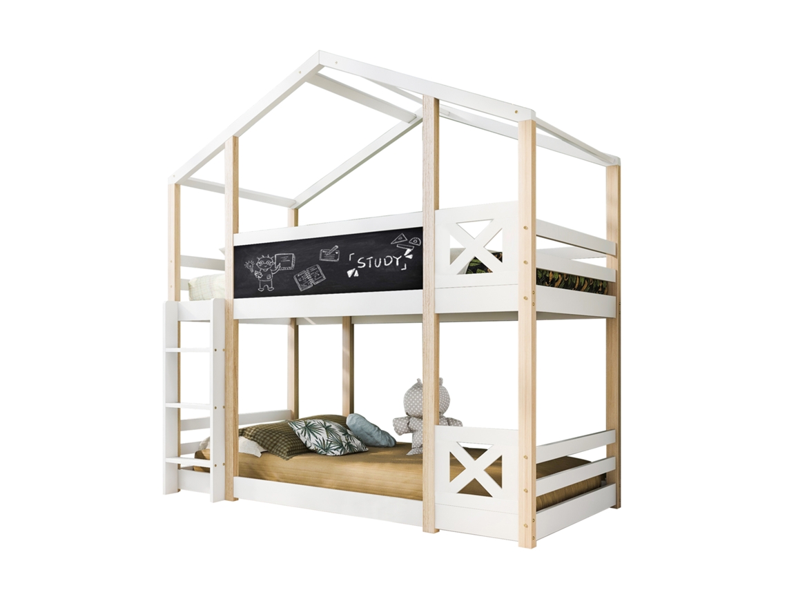 Cama de árvore infantil com escada, 90x200cm, estrutura de madeira natural e branca ORBITRA COMMERCE