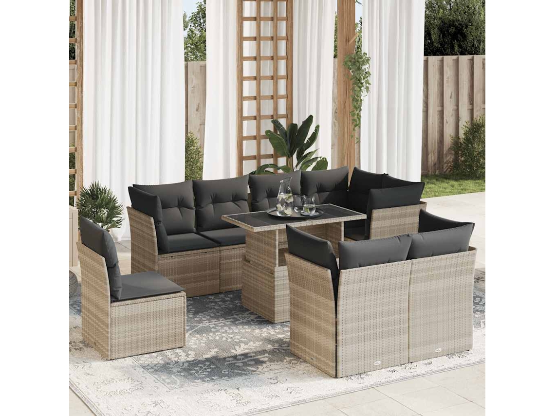 Vidaxl 9 Pcs Conj. Sofás Jardim Com Almofadões Vime Pe Cinzento-claro