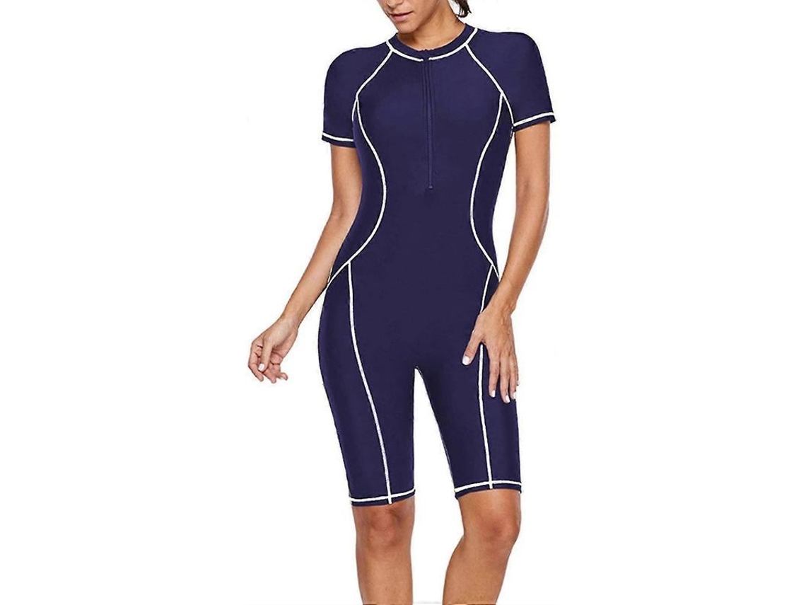 Traje De Baño Entero Para Mujer Manga Corta Rash Guard Surf Natación Zip Front Azul Marino L Manga Corta Azul Marino