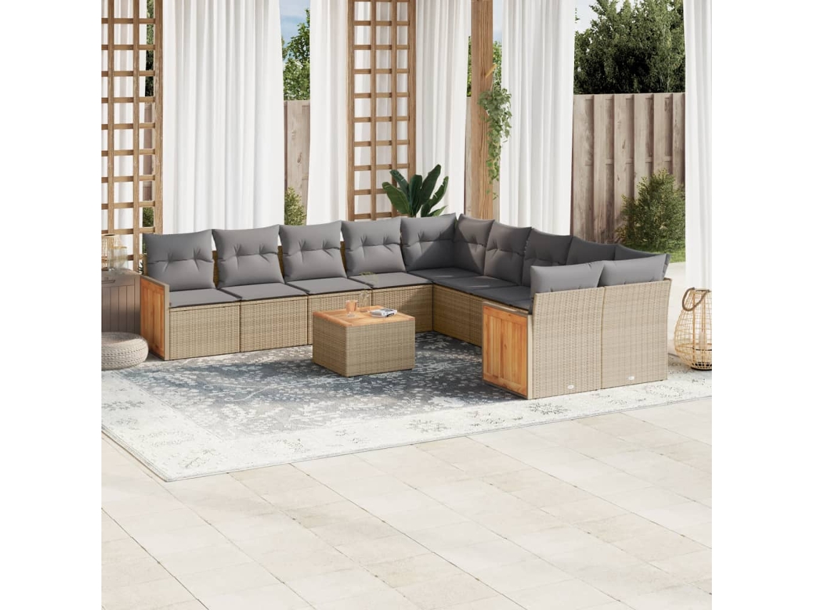 Vidaxl 11 Pcs Conjunto Sofás De Jardim C/ Almofadões Vime Pe Bege