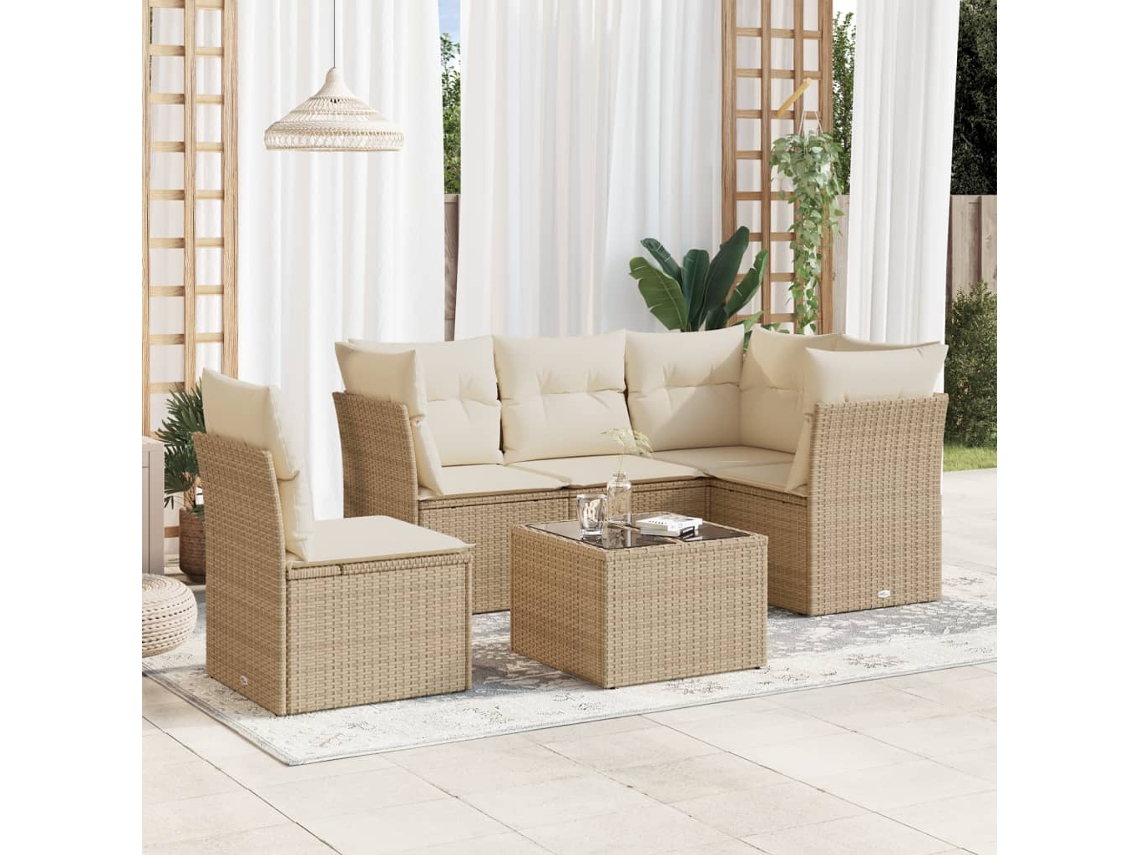 Vidaxl 6 Pcs Conjunto De Sofás P/ Jardim Com Almofadões Vime Pe Bege