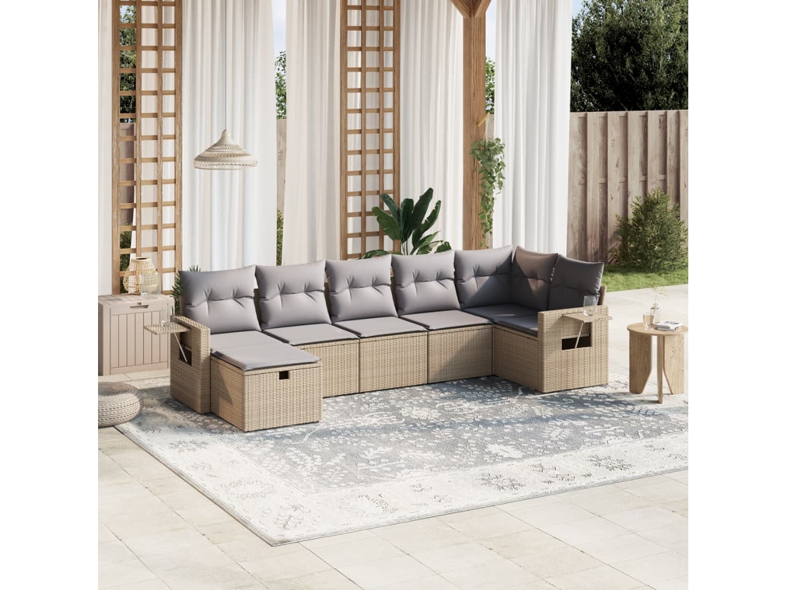 Vidaxl 7 Pcs Conj. Sofás Jardim C/ Almofadões Vime Pe Bege Misturado