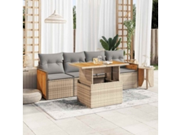 Vidaxl 5 Pcs Conj. Sofás P/ Jardim C/ Almofadões Vime Pe/acácia Bege