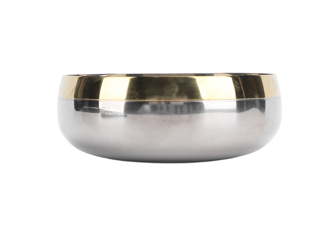Tigela Grande de Servir de Aço Inox Sus304, 380ml, com Borda Dourada, para Frutas, Decoração