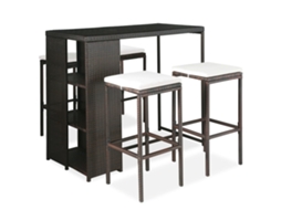 Vidaxl 5 Pcs Conjunto De Bar P/ Jardim Com Almofadões Vime Pe Castanho