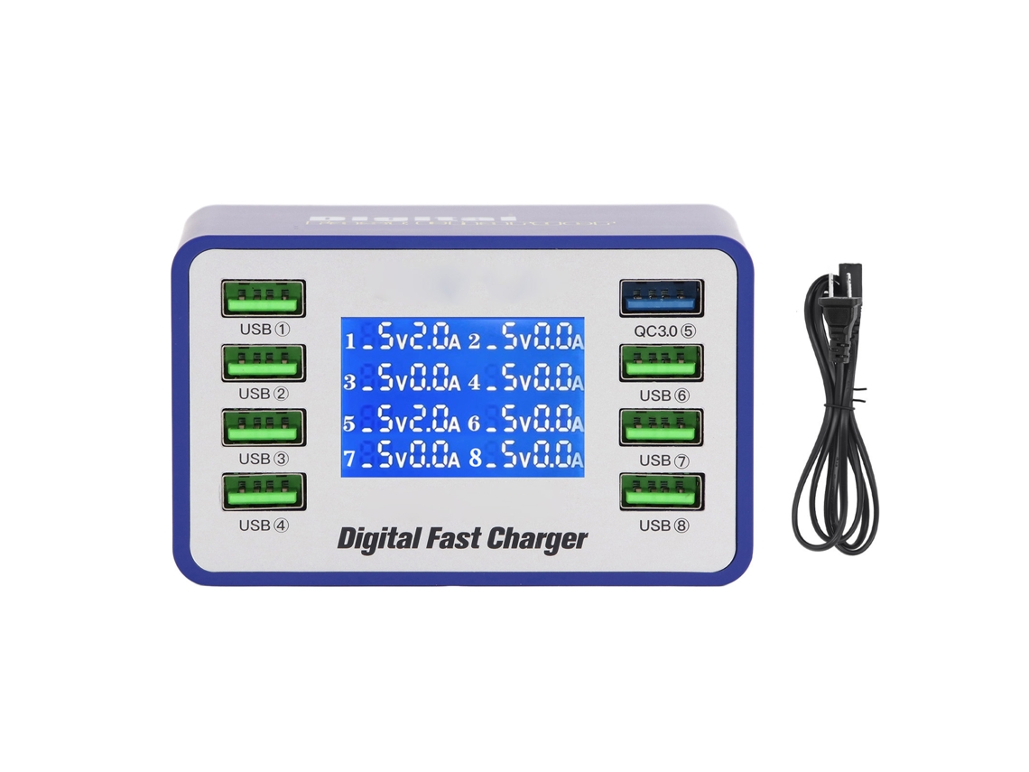 Carregador Usb De 8 Portas Qc3.0 Com Tela Digital 50w, Chip De Potência Pwm E Detecção Automática