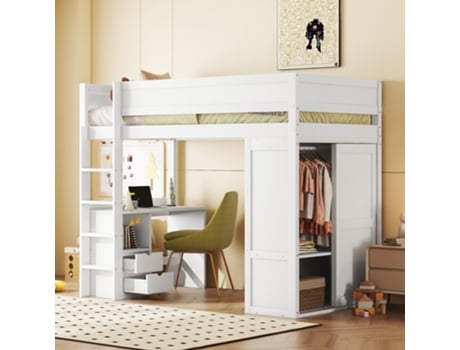 Cama Alta 90x200 Cm, Cama Infantil De Madeira Com Proteção Lateral E Escada, Beliche Versátil Com Guarda Roupa E Secretária E Gaveta Flieks