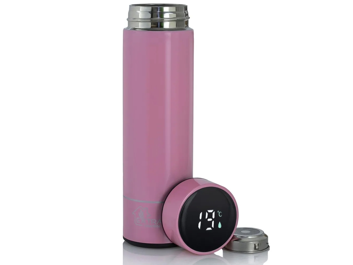 Garrafa Térmica Rosa Com Termômetro Com Display Led 500ml Brilvibera