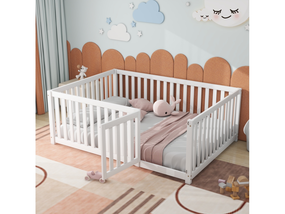 Cama De Criança 140 X 200, Estrutura De Chão De Madeira Com Cerca E Porta, Branco