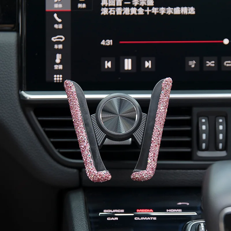 Suporte universal AQUAFORGE para celular com cristais brilhantes, para carro, clipe de encaixe na saída de ar