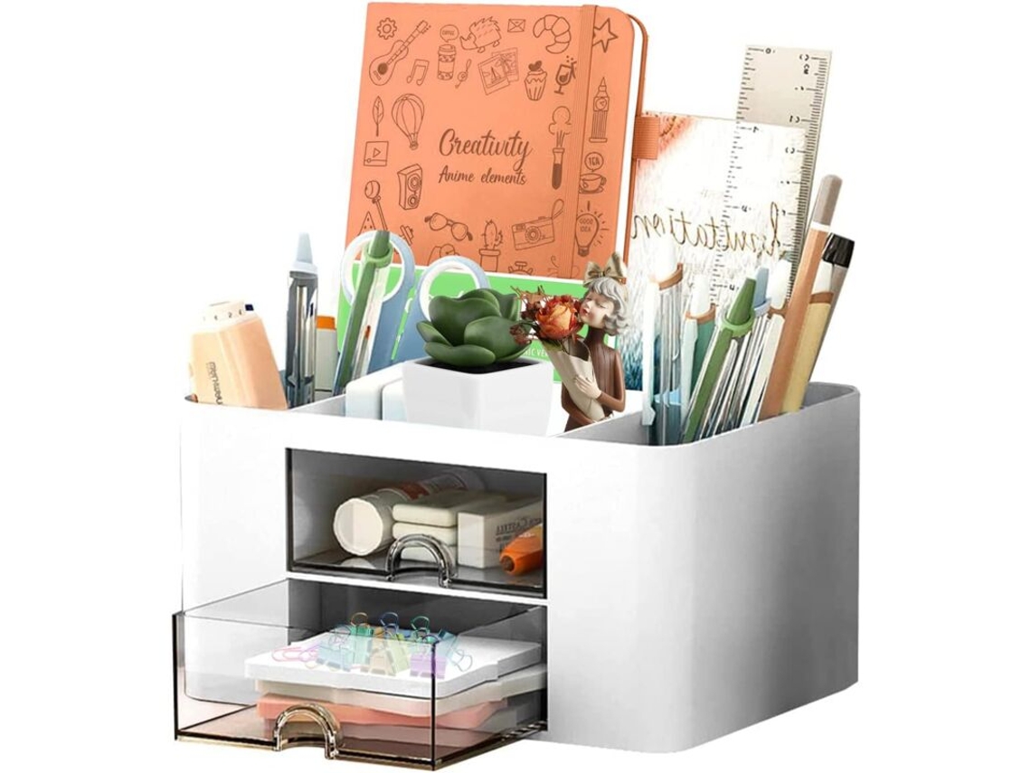 Organizador de Mesa com 5 Compartimentos, Porta, Canetas e Gaveta, Organizador de Mesa Multifuncional, Branco BRILVIBERA