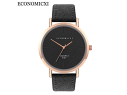 Reloj De Pulsera Unisex Minimalista De Cuero Pu Con Dial Redondo Negro De Cuarzo