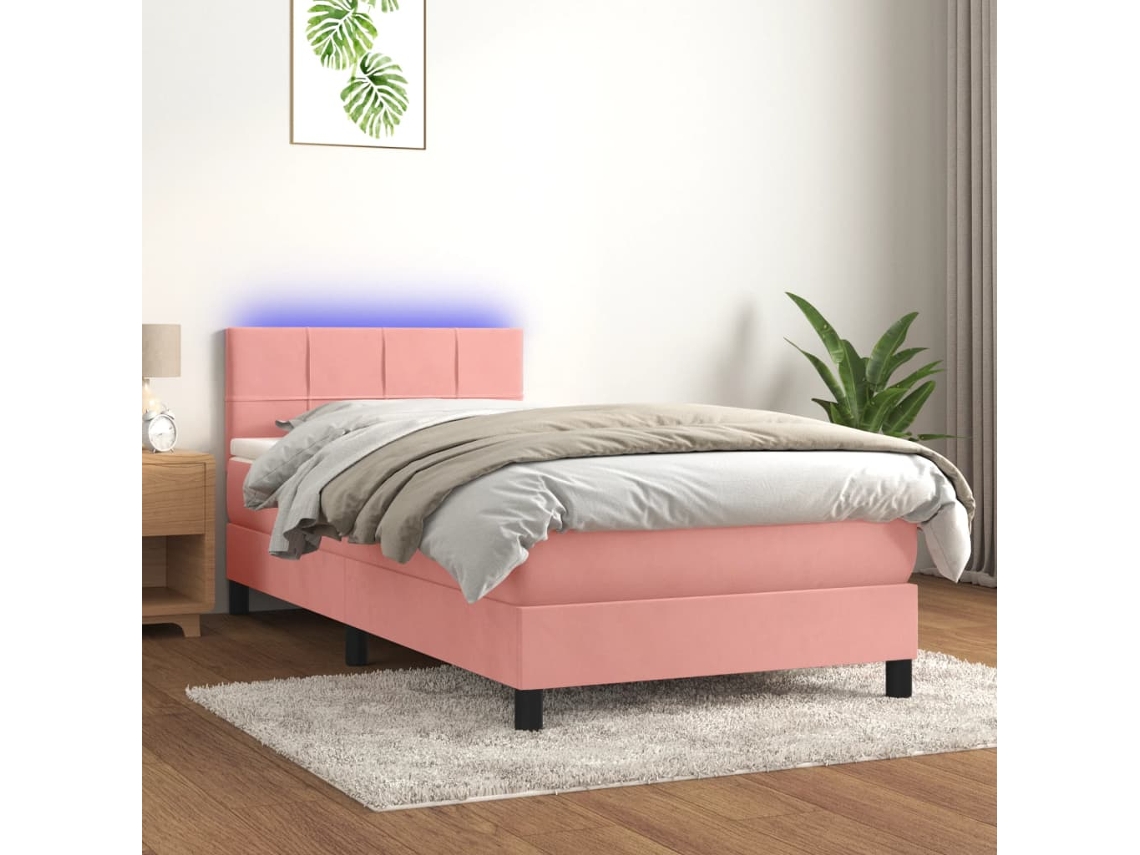 Vidaxl Cama Box Spring C/ Colchão/led 90x200 Cm Veludo Rosa